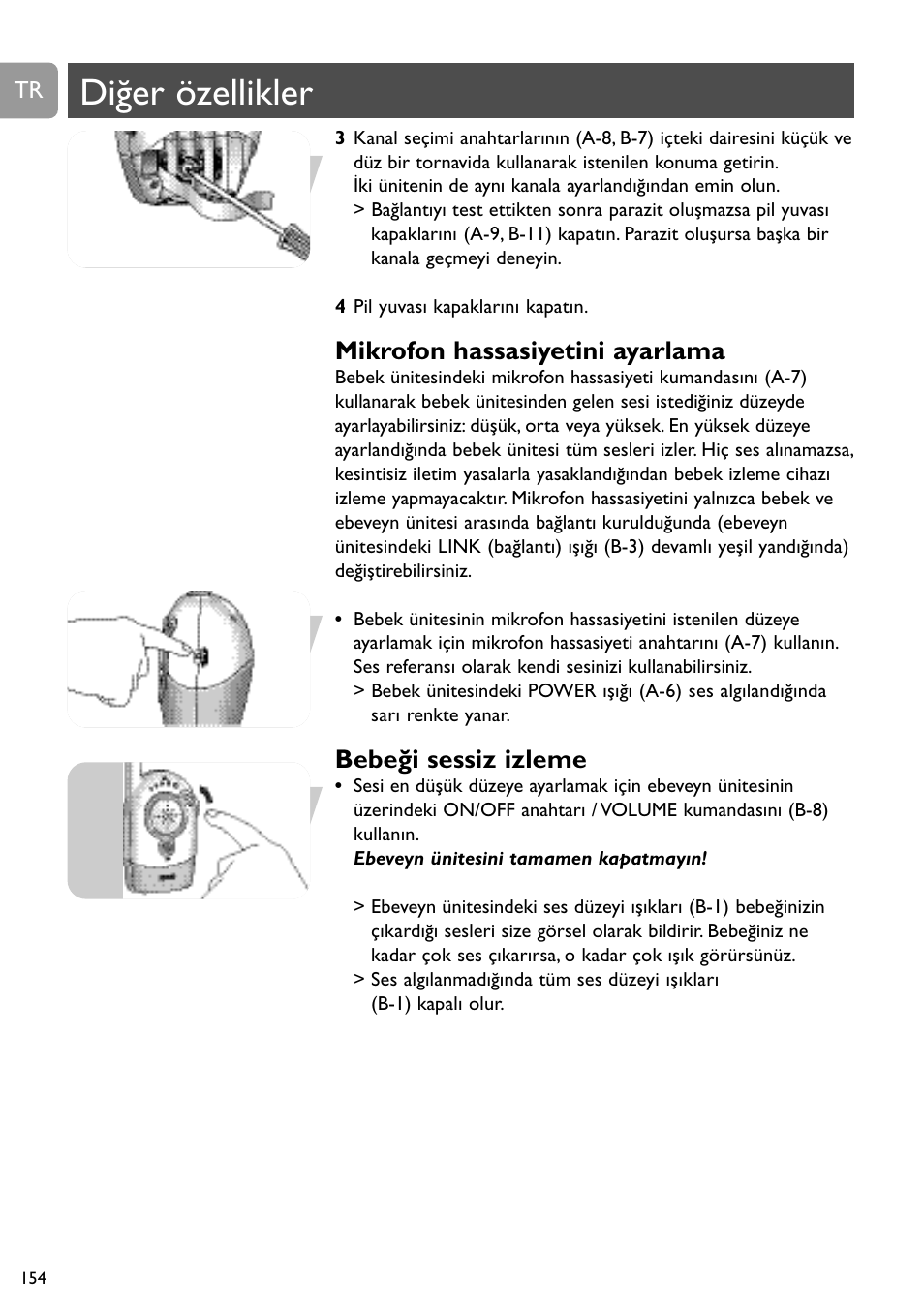 Diğer özellikler, Mikrofon hassasiyetini ayarlama, Bebeği sessiz izleme | Philips SC464 User Manual | Page 154 / 160