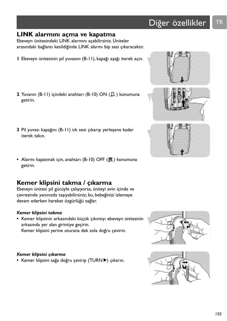 Diğer özellikler, Link alarmını açma ve kapatma, Kemer klipsini takma / çıkarma | Philips SC464 User Manual | Page 155 / 160