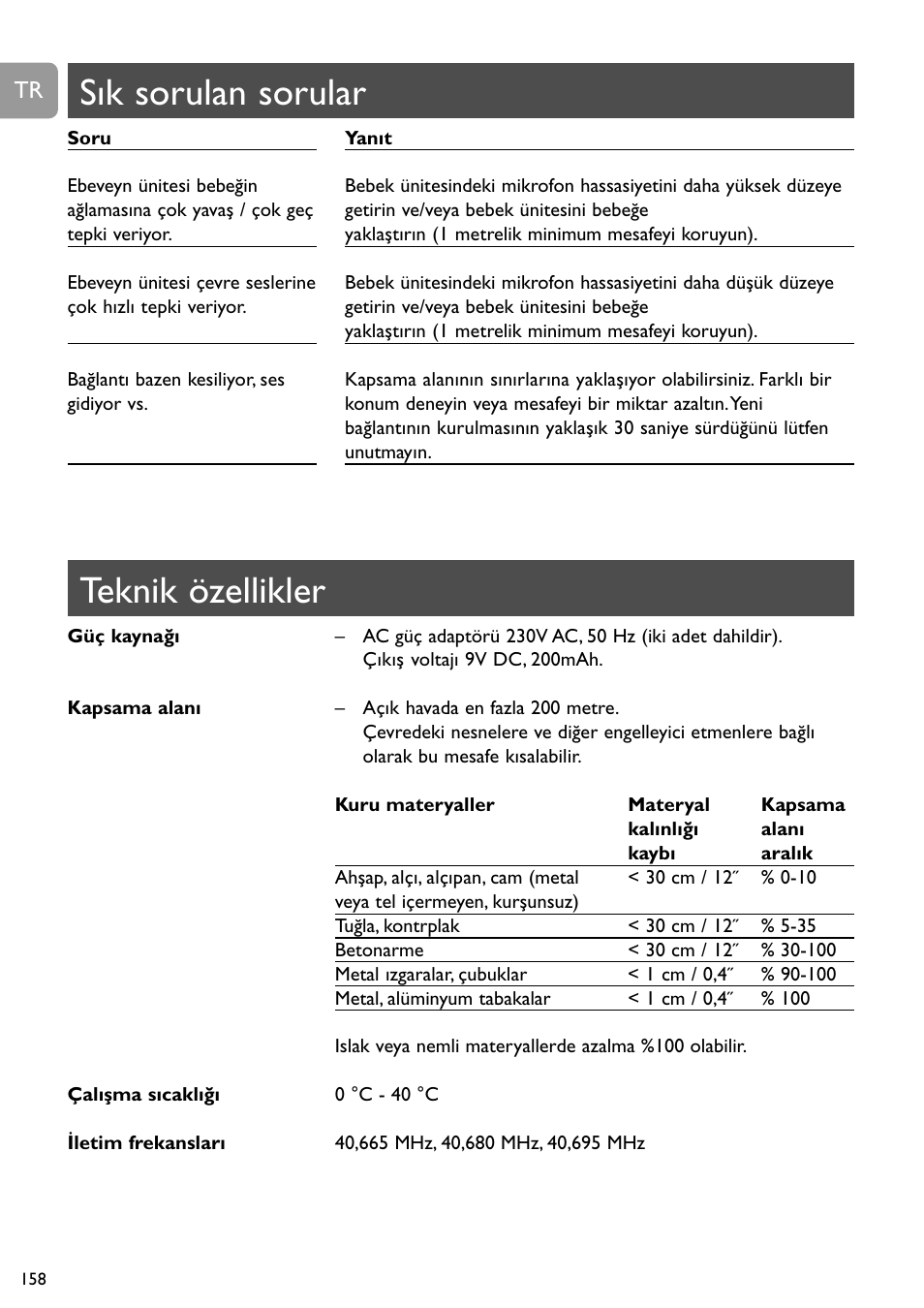 Teknik özellikler, Sık sorulan sorular | Philips SC464 User Manual | Page 158 / 160