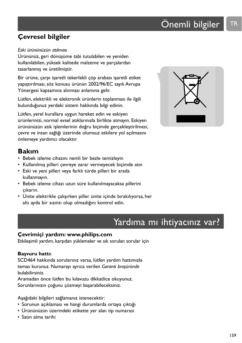 Önemli bilgiler, Yardıma mı ihtiyacınız var, Çevresel bilgiler | Bakım | Philips SC464 User Manual | Page 159 / 160