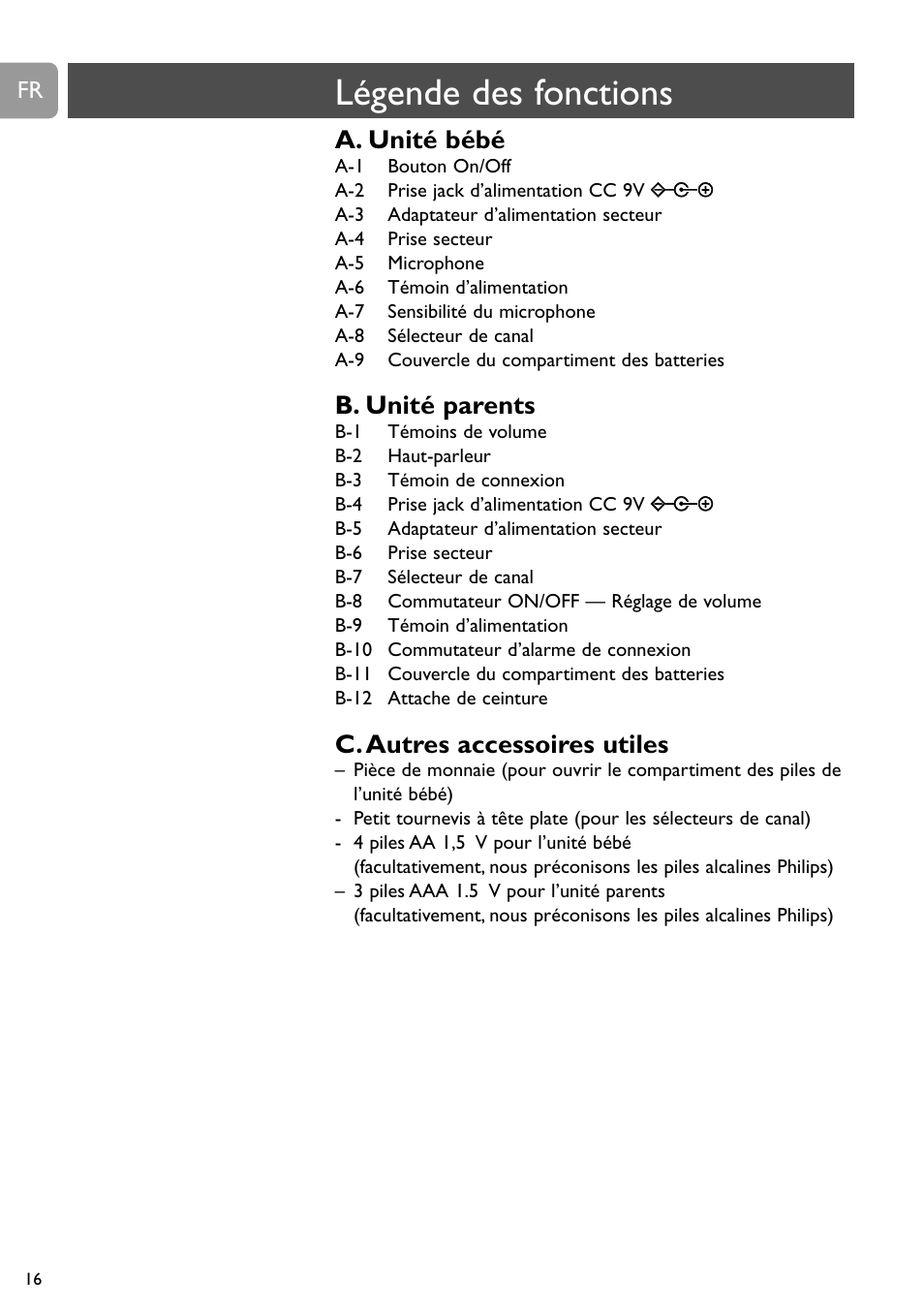 Légende des fonctions, A. unité bébé, B. unité parents | C. autres accessoires utiles | Philips SC464 User Manual | Page 16 / 160