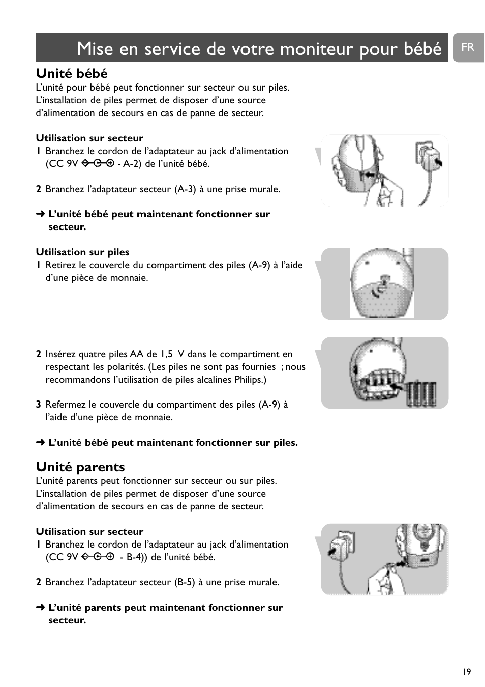 Mise en service de votre moniteur pour bébé, Unité bébé, Unité parents | Philips SC464 User Manual | Page 19 / 160