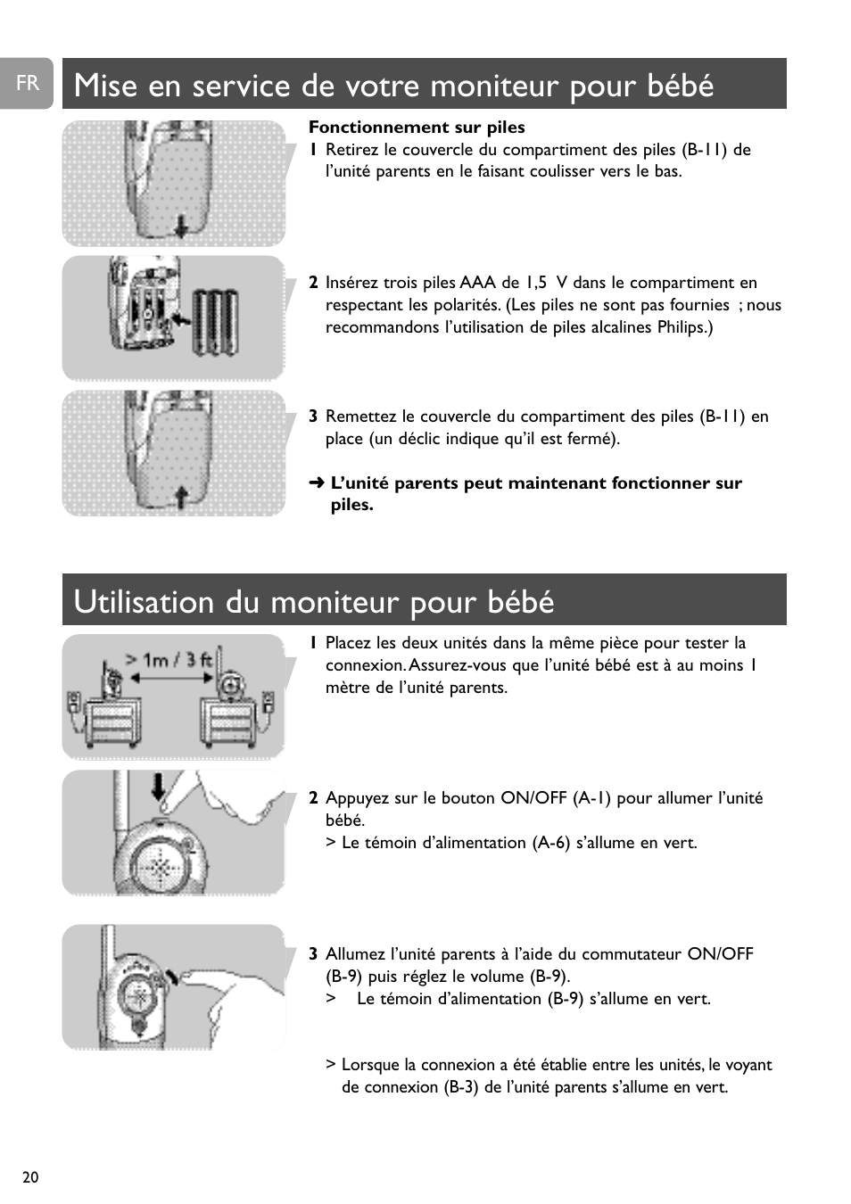 Mise en service de votre moniteur pour bébé, Utilisation du moniteur pour bébé | Philips SC464 User Manual | Page 20 / 160