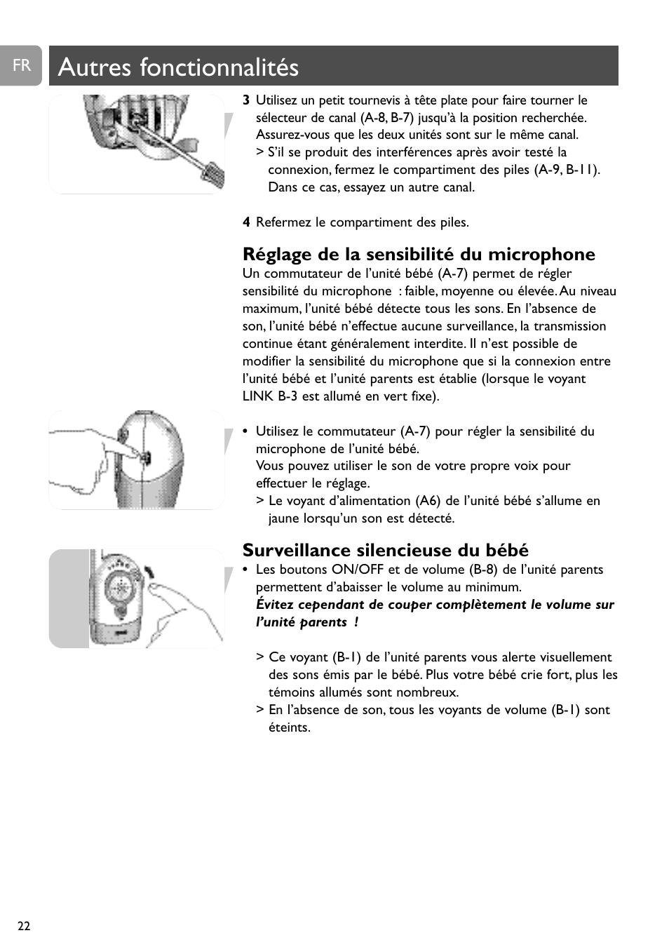 Autres fonctionnalités, Réglage de la sensibilité du microphone, Surveillance silencieuse du bébé | Philips SC464 User Manual | Page 22 / 160
