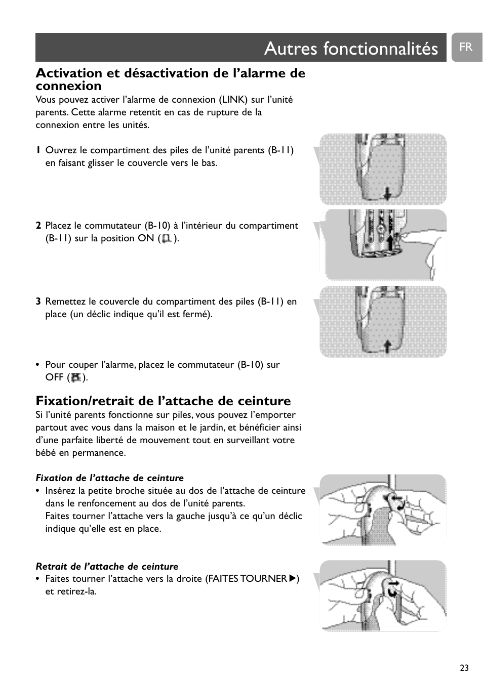 Autres fonctionnalités, Fixation/retrait de l’attache de ceinture | Philips SC464 User Manual | Page 23 / 160