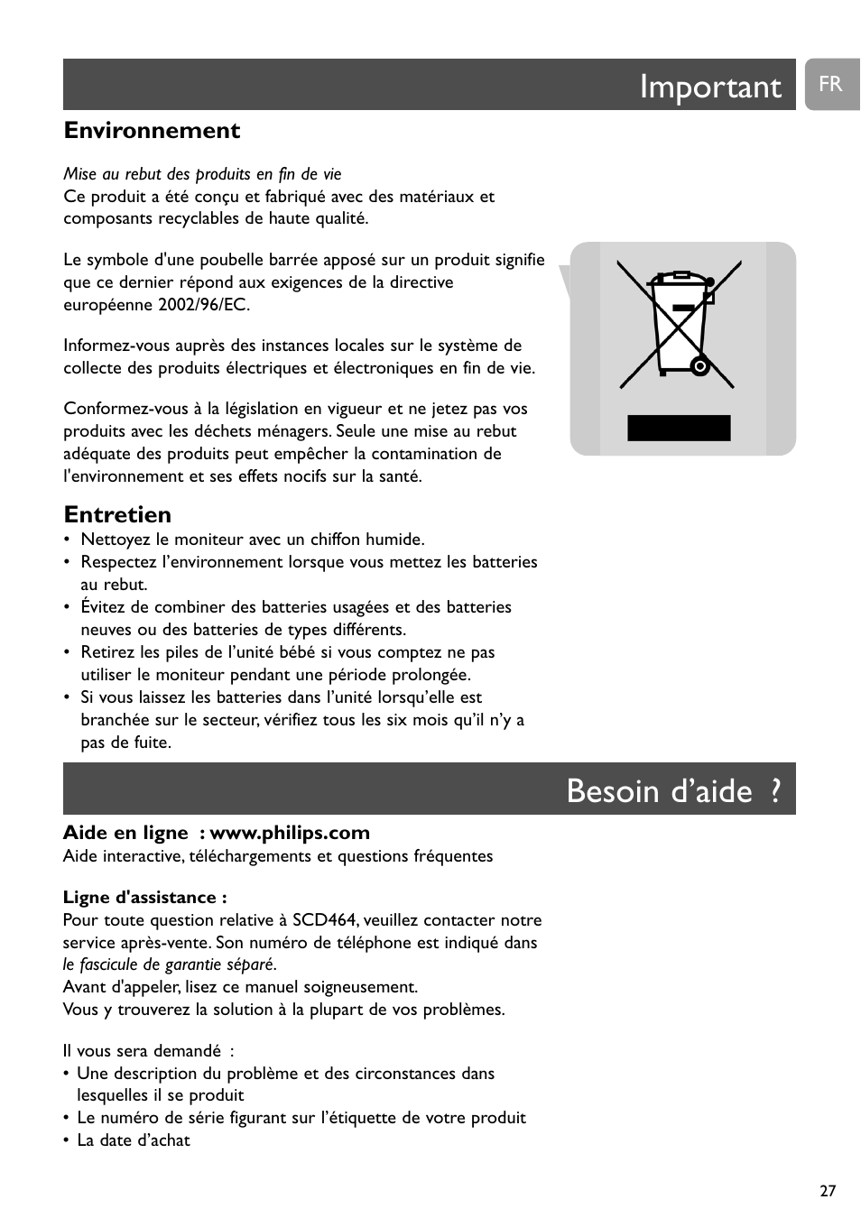 Important, Besoin d’aide, Environnement | Entretien | Philips SC464 User Manual | Page 27 / 160