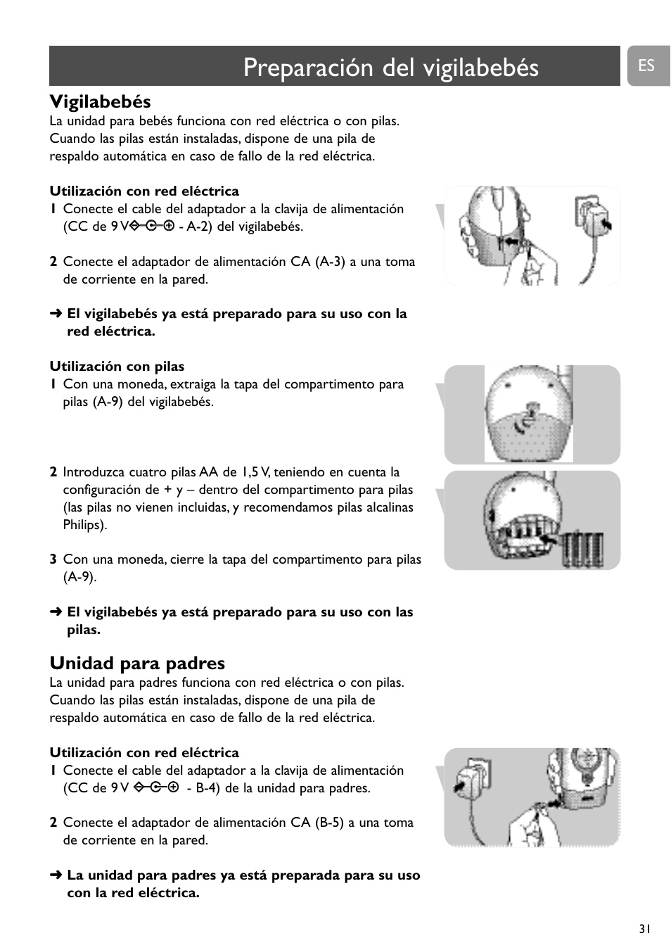 Preparación del vigilabebés, Vigilabebés, Unidad para padres | Philips SC464 User Manual | Page 31 / 160