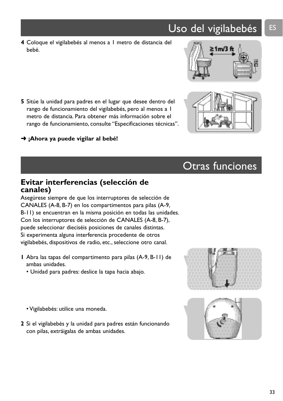 Uso del vigilabebés otras funciones, Evitar interferencias (selección de canales) | Philips SC464 User Manual | Page 33 / 160