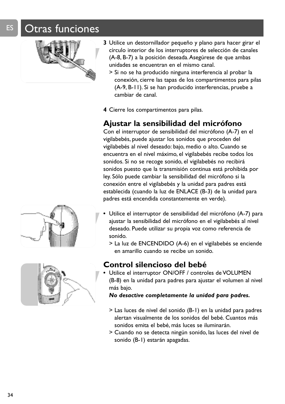 Otras funciones, Ajustar la sensibilidad del micrófono, Control silencioso del bebé | Philips SC464 User Manual | Page 34 / 160