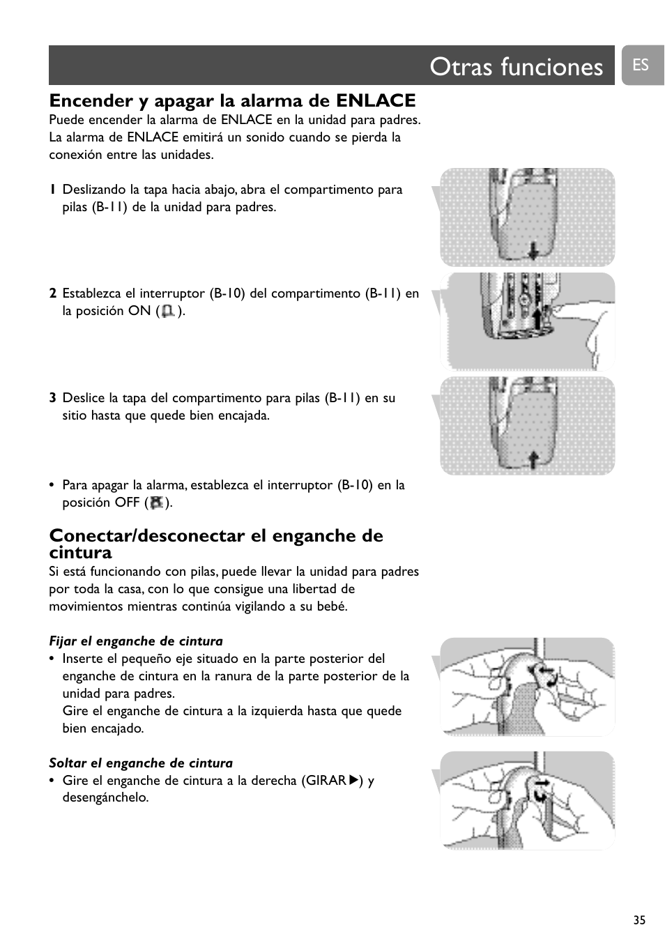 Otras funciones, Encender y apagar la alarma de enlace, Conectar/desconectar el enganche de cintura | Philips SC464 User Manual | Page 35 / 160