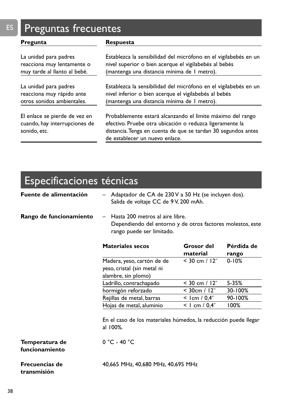 Especificaciones técnicas, Preguntas frecuentes | Philips SC464 User Manual | Page 38 / 160