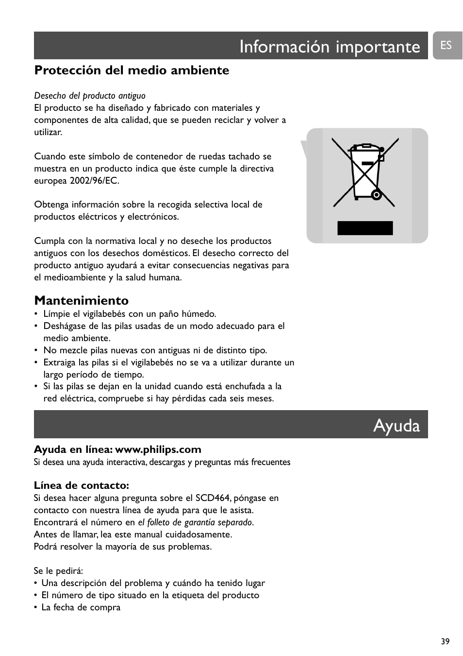Información importante, Ayuda, Protección del medio ambiente | Mantenimiento | Philips SC464 User Manual | Page 39 / 160
