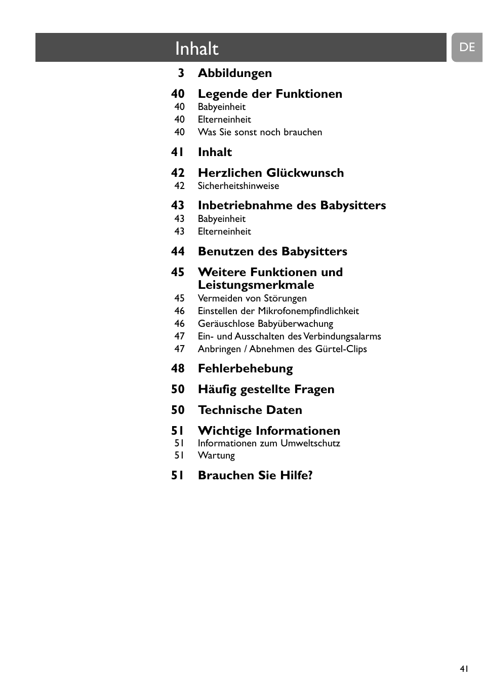 Inhalt | Philips SC464 User Manual | Page 41 / 160
