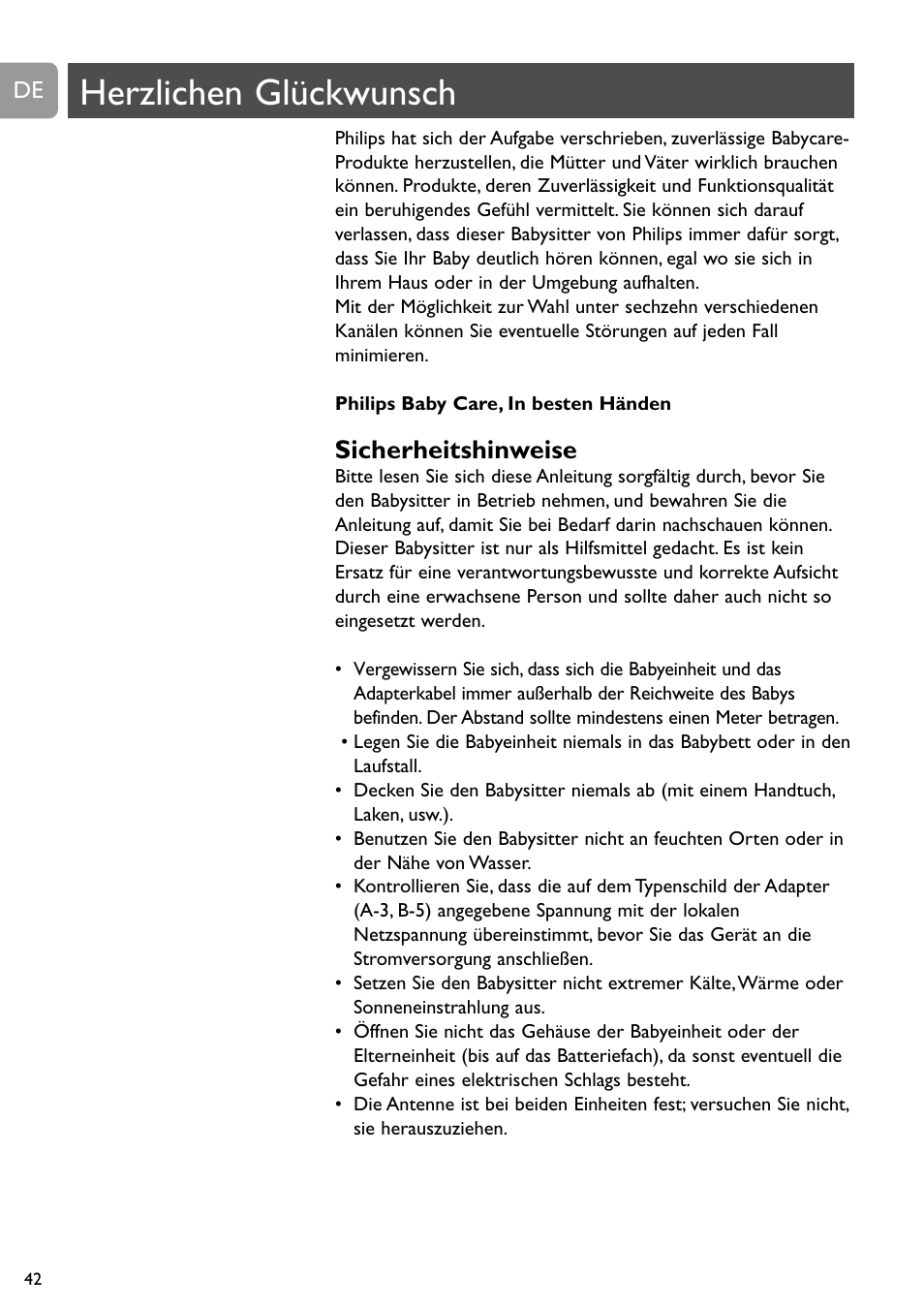 Herzlichen glückwunsch, Sicherheitshinweise | Philips SC464 User Manual | Page 42 / 160