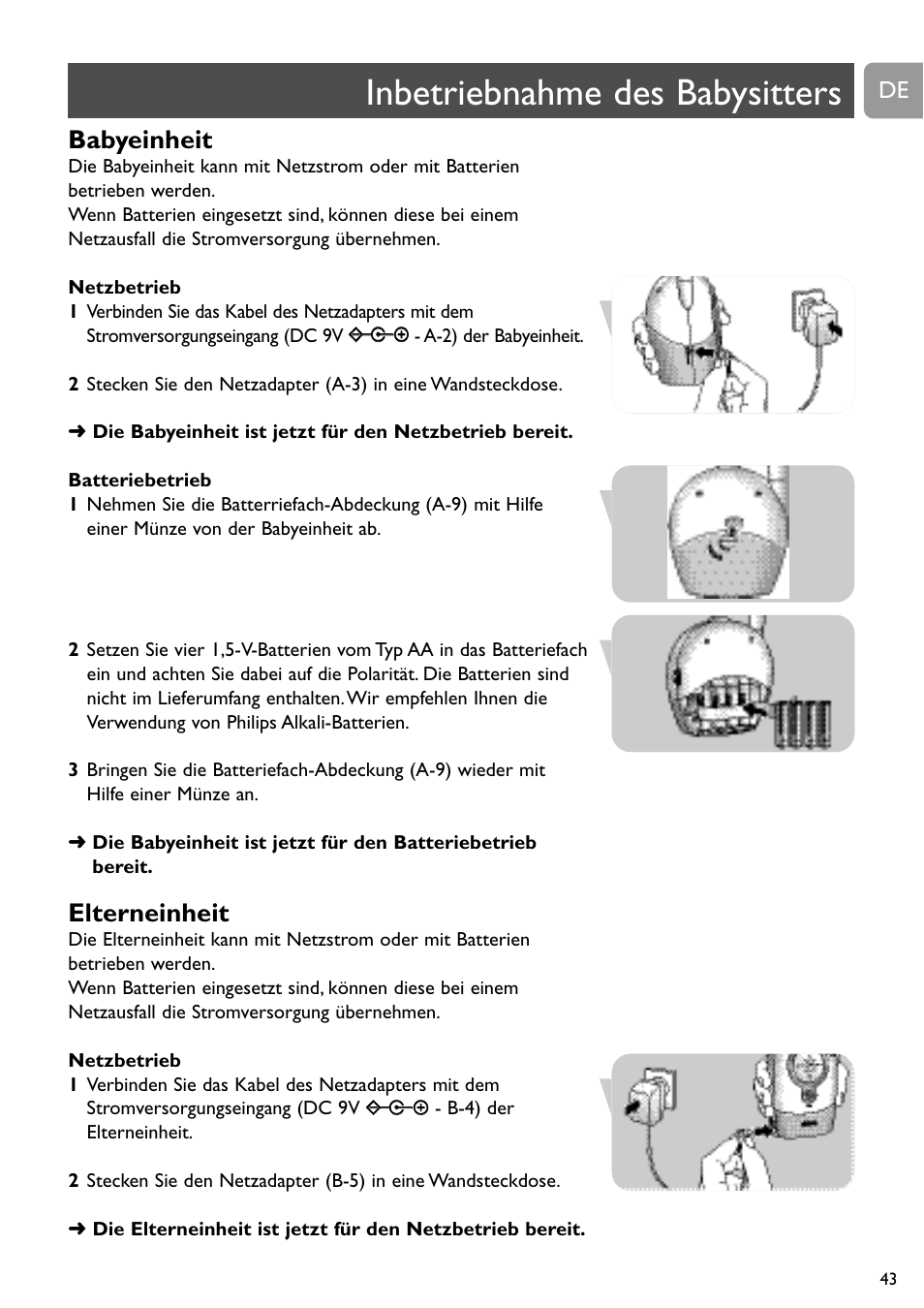 Inbetriebnahme des babysitters, Babyeinheit, Elterneinheit | Philips SC464 User Manual | Page 43 / 160