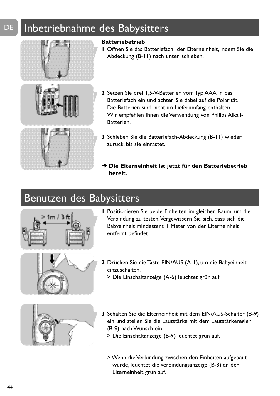 Inbetriebnahme des babysitters, Benutzen des babysitters | Philips SC464 User Manual | Page 44 / 160