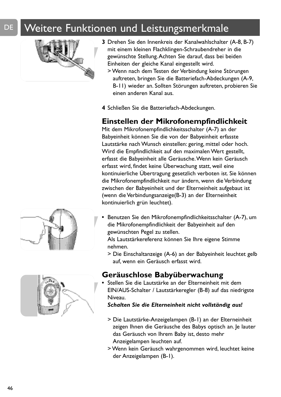 Weitere funktionen und leistungsmerkmale, Einstellen der mikrofonempfindlichkeit, Geräuschlose babyüberwachung | Philips SC464 User Manual | Page 46 / 160