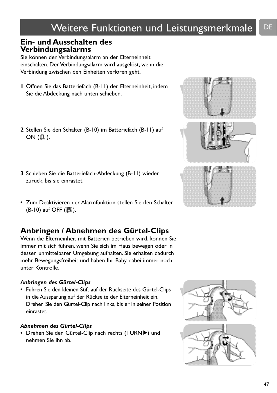 Weitere funktionen und leistungsmerkmale, Ein- und ausschalten des verbindungsalarms, Anbringen / abnehmen des gürtel-clips | Philips SC464 User Manual | Page 47 / 160