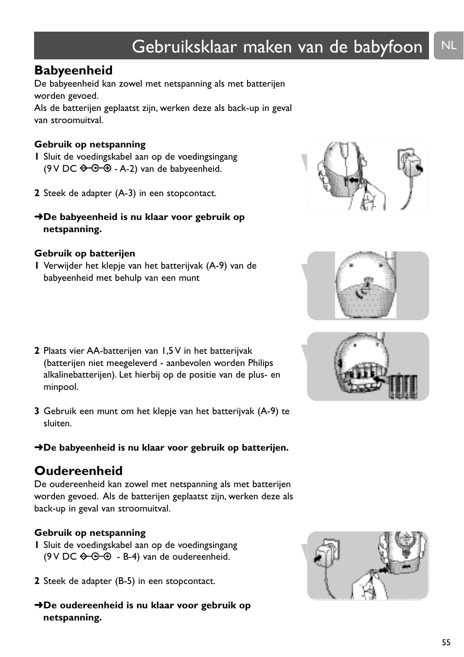 Gebruiksklaar maken van de babyfoon, Babyeenheid, Oudereenheid | Philips SC464 User Manual | Page 55 / 160