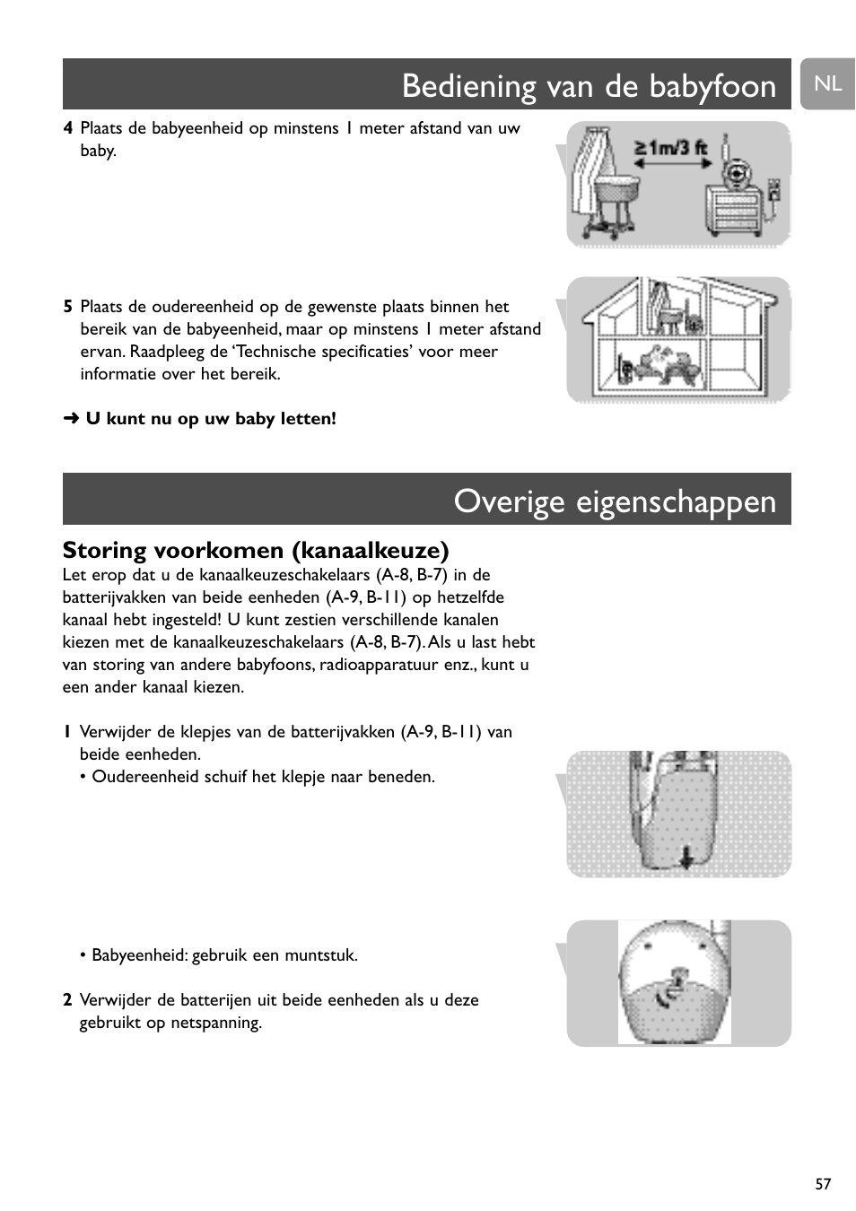 Bediening van de babyfoon overige eigenschappen, Storing voorkomen (kanaalkeuze) | Philips SC464 User Manual | Page 57 / 160