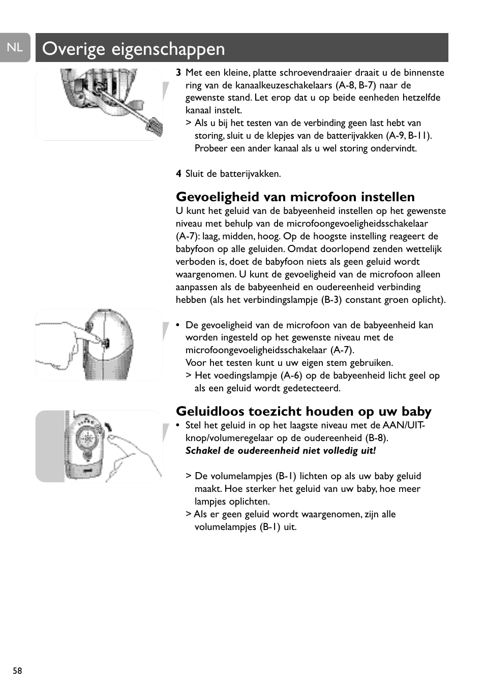 Overige eigenschappen, Gevoeligheid van microfoon instellen, Geluidloos toezicht houden op uw baby | Philips SC464 User Manual | Page 58 / 160
