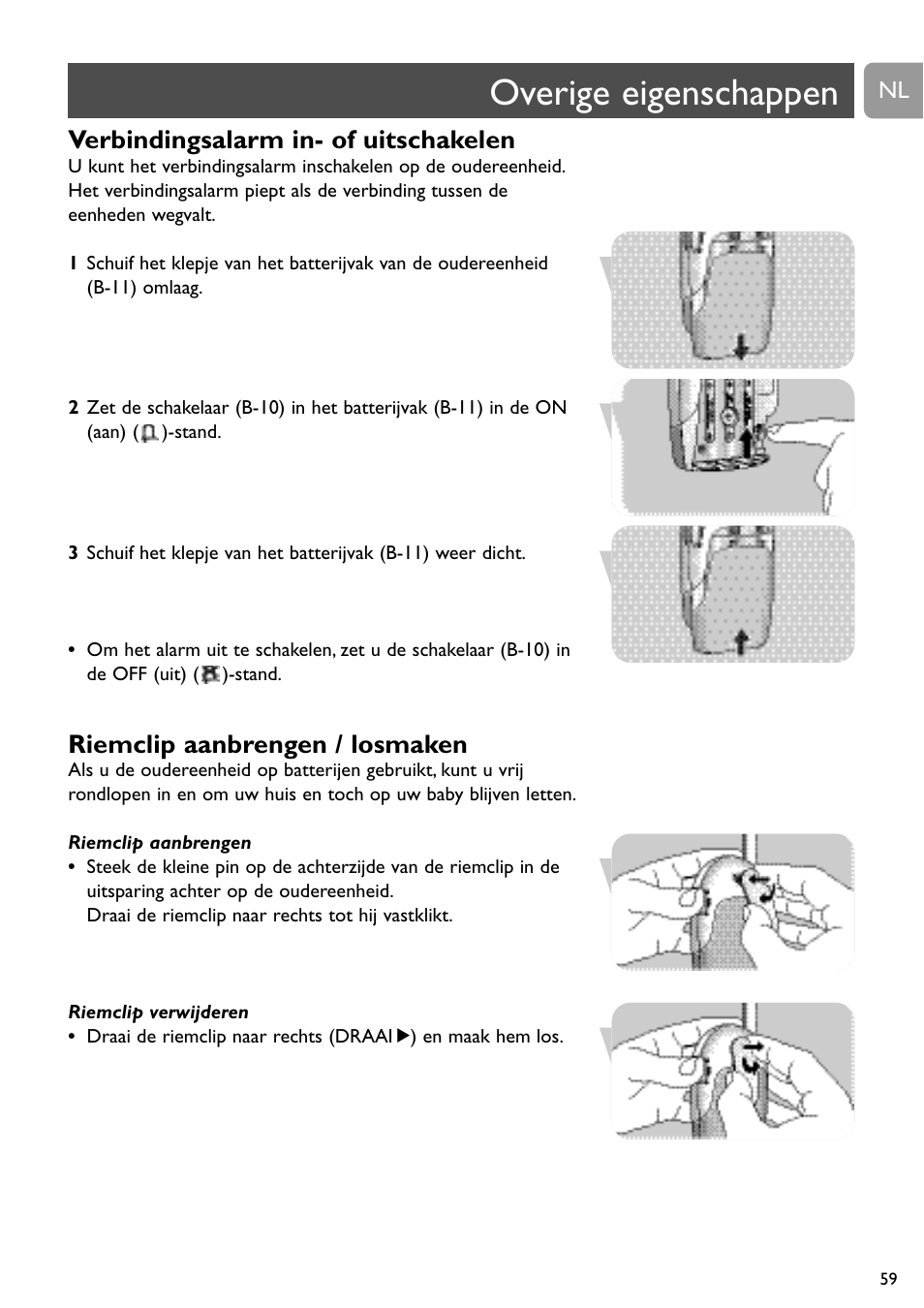 Overige eigenschappen, Verbindingsalarm in- of uitschakelen, Riemclip aanbrengen / losmaken | Philips SC464 User Manual | Page 59 / 160