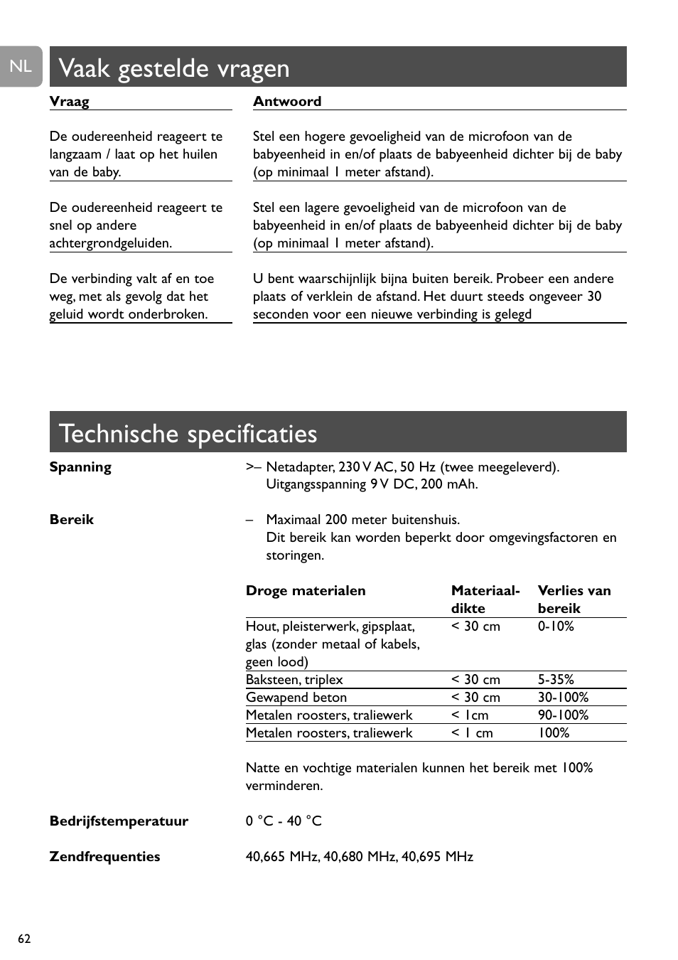 Technische specificaties, Vaak gestelde vragen | Philips SC464 User Manual | Page 62 / 160