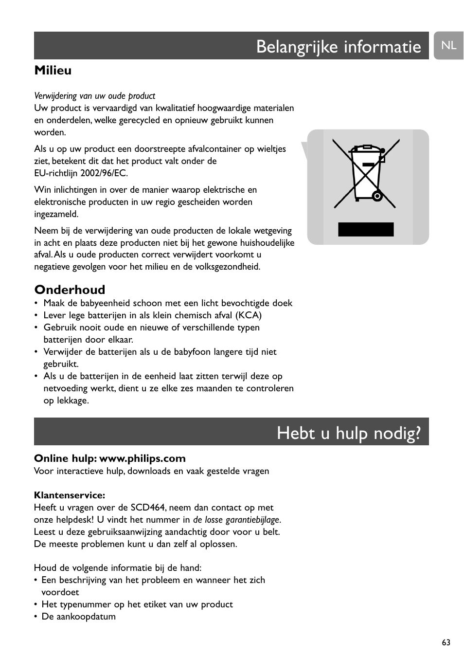 Belangrijke informatie, Hebt u hulp nodig, Milieu | Onderhoud | Philips SC464 User Manual | Page 63 / 160