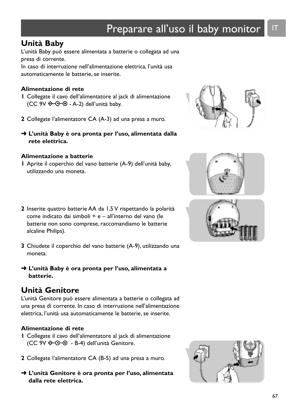 Preparare all’uso il baby monitor, Unità baby, Unità genitore | Philips SC464 User Manual | Page 67 / 160