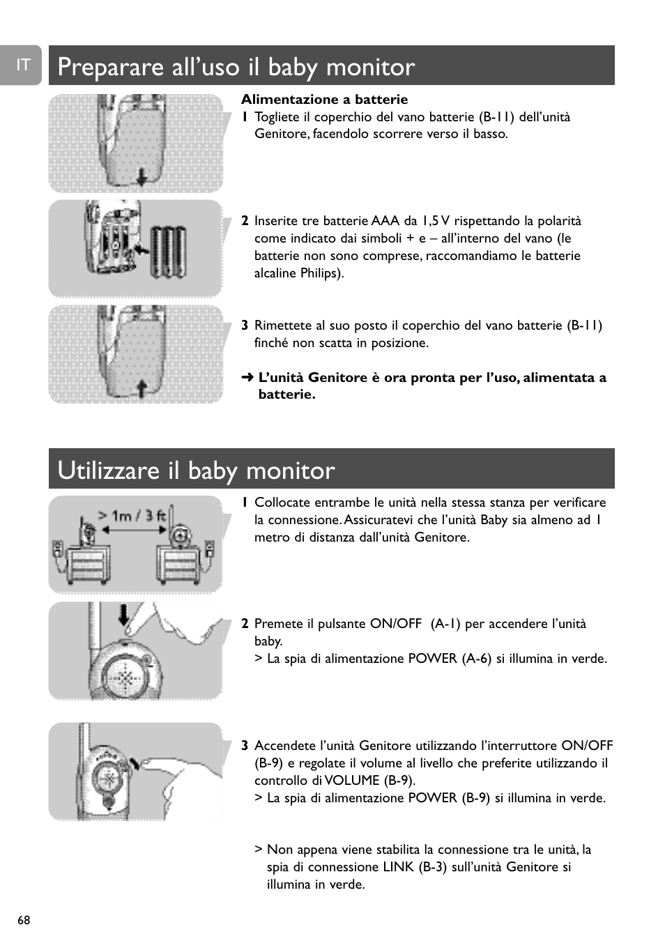 Preparare all’uso il baby monitor, Utilizzare il baby monitor | Philips SC464 User Manual | Page 68 / 160