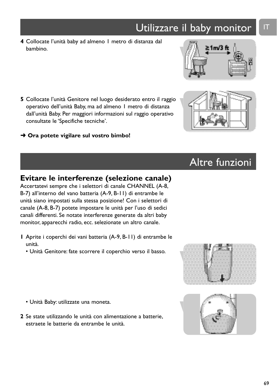 Utilizzare il baby monitor altre funzioni, Evitare le interferenze (selezione canale) | Philips SC464 User Manual | Page 69 / 160