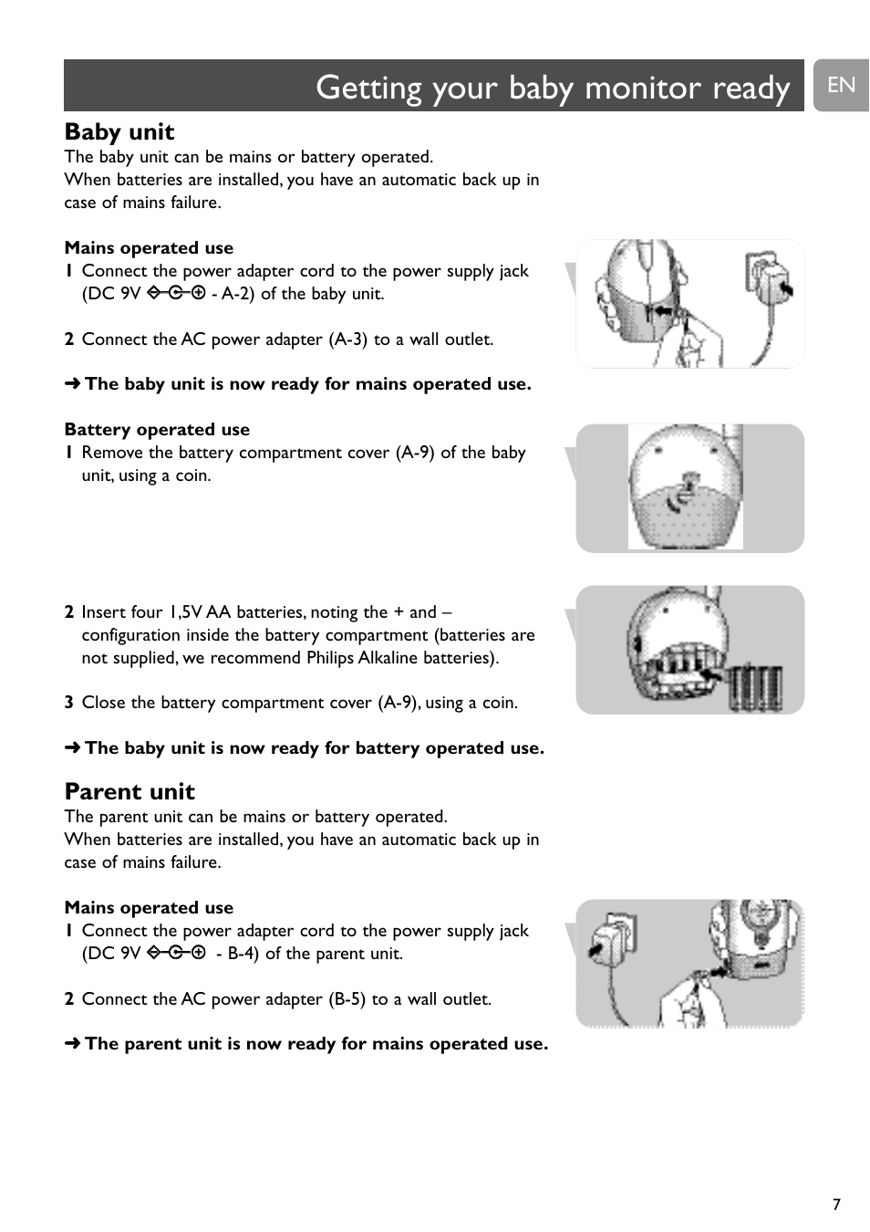Getting your baby monitor ready, Baby unit, Parent unit | Philips SC464 User Manual | Page 7 / 160