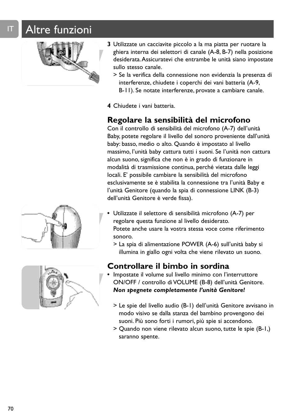 Altre funzioni, Regolare la sensibilità del microfono, Controllare il bimbo in sordina | Philips SC464 User Manual | Page 70 / 160