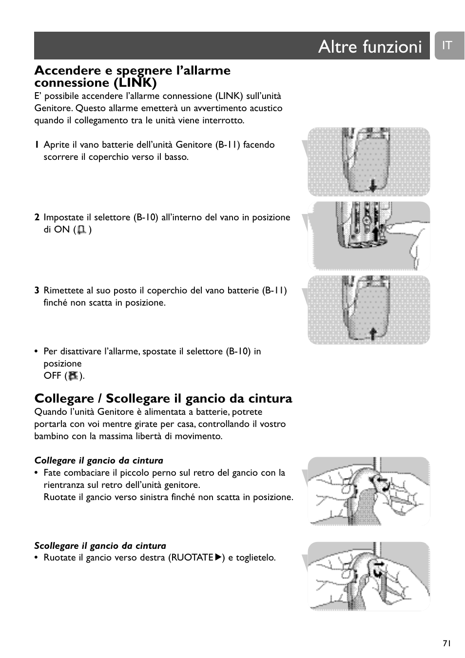 Altre funzioni, Accendere e spegnere l’allarme connessione (link), Collegare / scollegare il gancio da cintura | Philips SC464 User Manual | Page 71 / 160