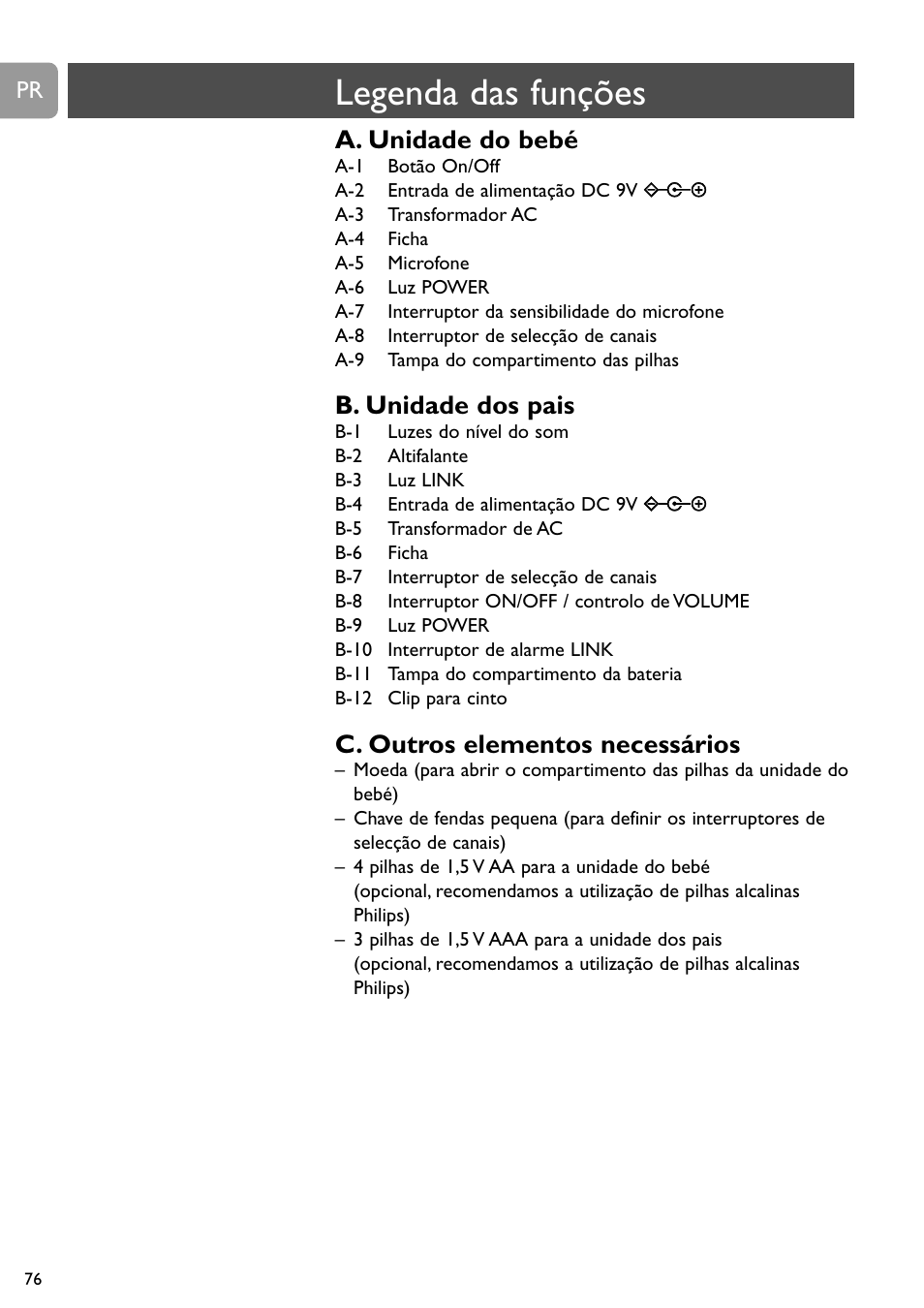 Legenda das funções, A. unidade do bebé, B. unidade dos pais | C. outros elementos necessários | Philips SC464 User Manual | Page 76 / 160