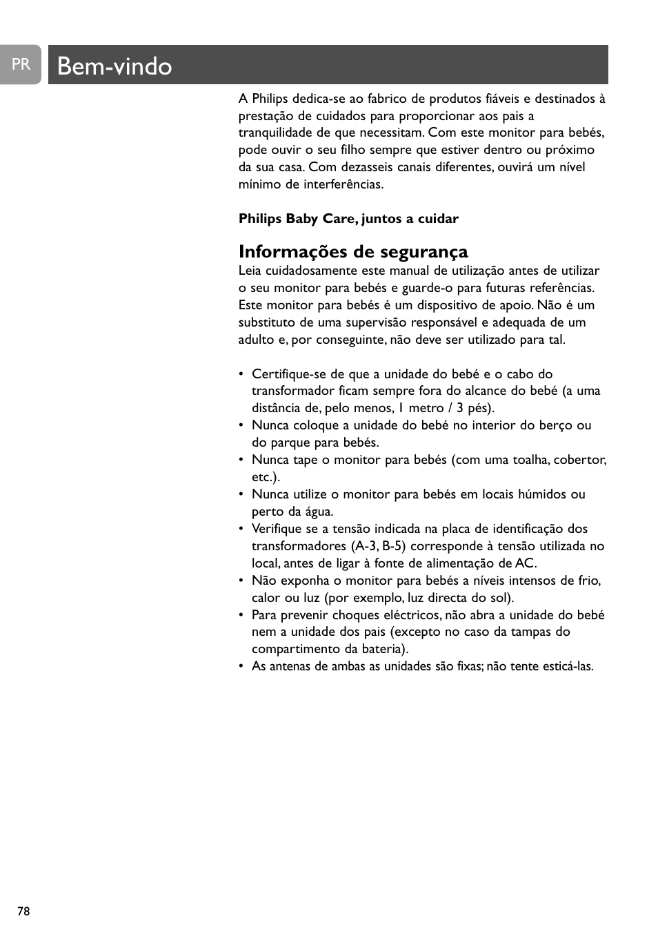 Bem-vindo, Informações de segurança | Philips SC464 User Manual | Page 78 / 160