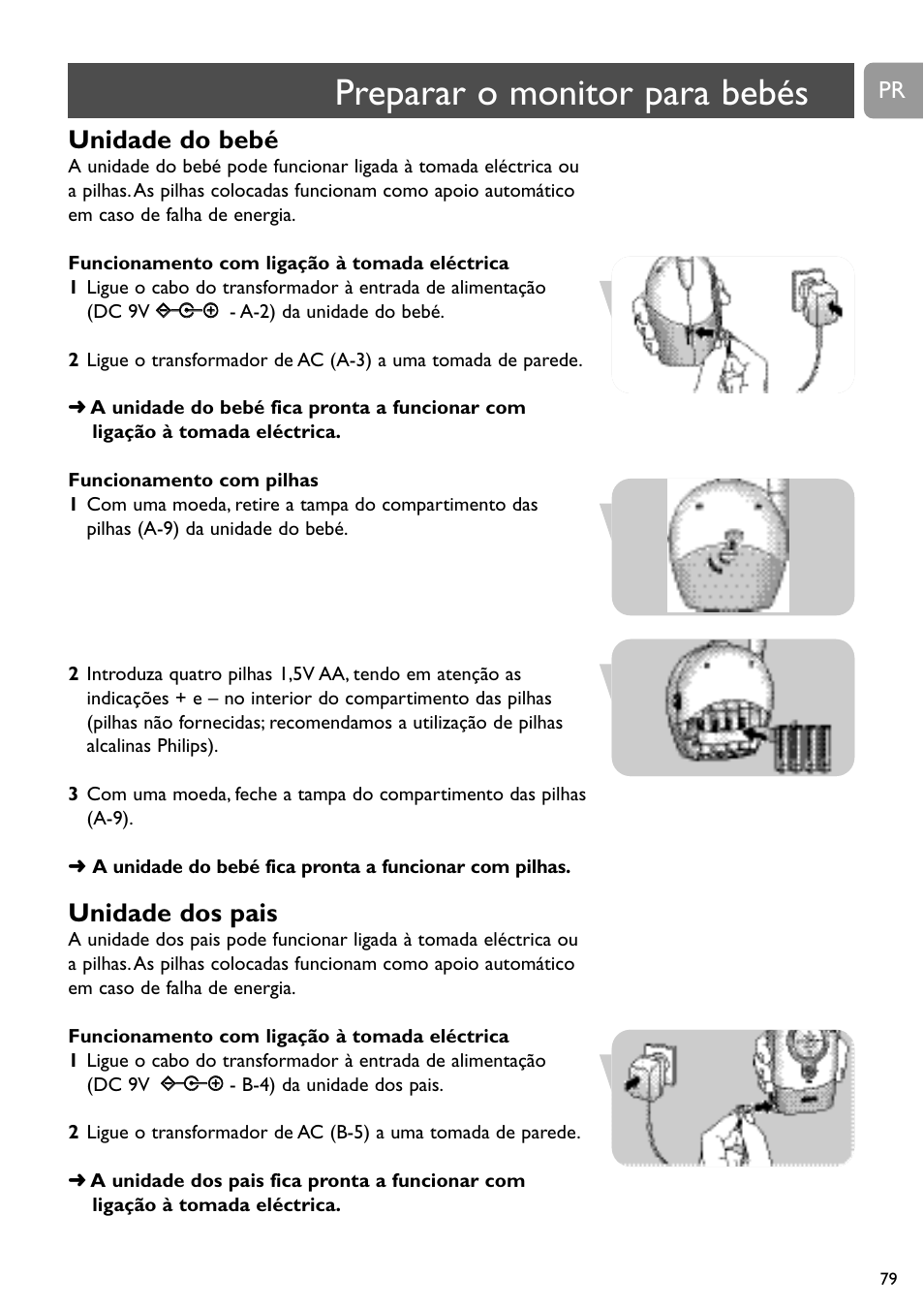 Preparar o monitor para bebés, Unidade do bebé, Unidade dos pais | Philips SC464 User Manual | Page 79 / 160