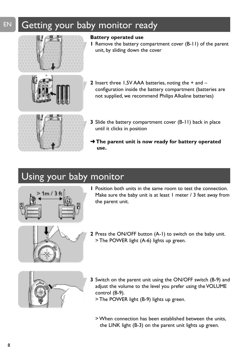 Getting your baby monitor ready, Using your baby monitor | Philips SC464 User Manual | Page 8 / 160