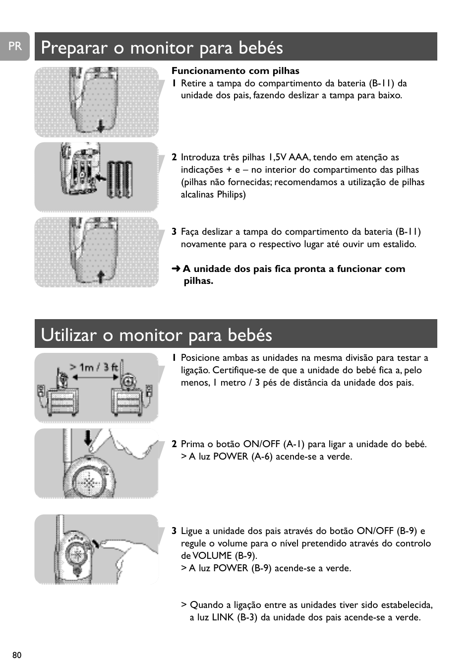 Preparar o monitor para bebés, Utilizar o monitor para bebés | Philips SC464 User Manual | Page 80 / 160