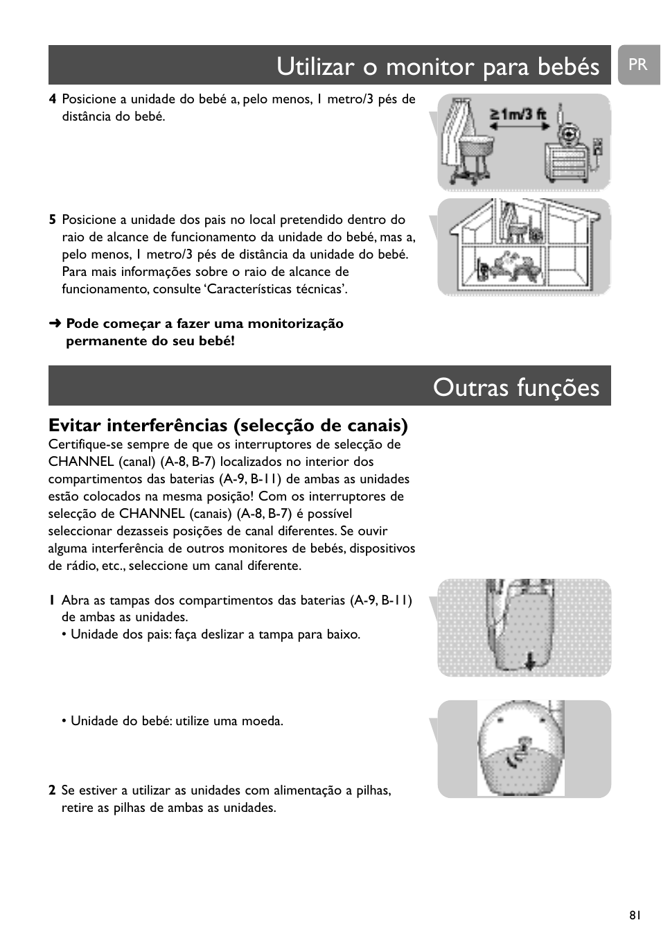 Utilizar o monitor para bebés outras funções, Evitar interferências (selecção de canais) | Philips SC464 User Manual | Page 81 / 160