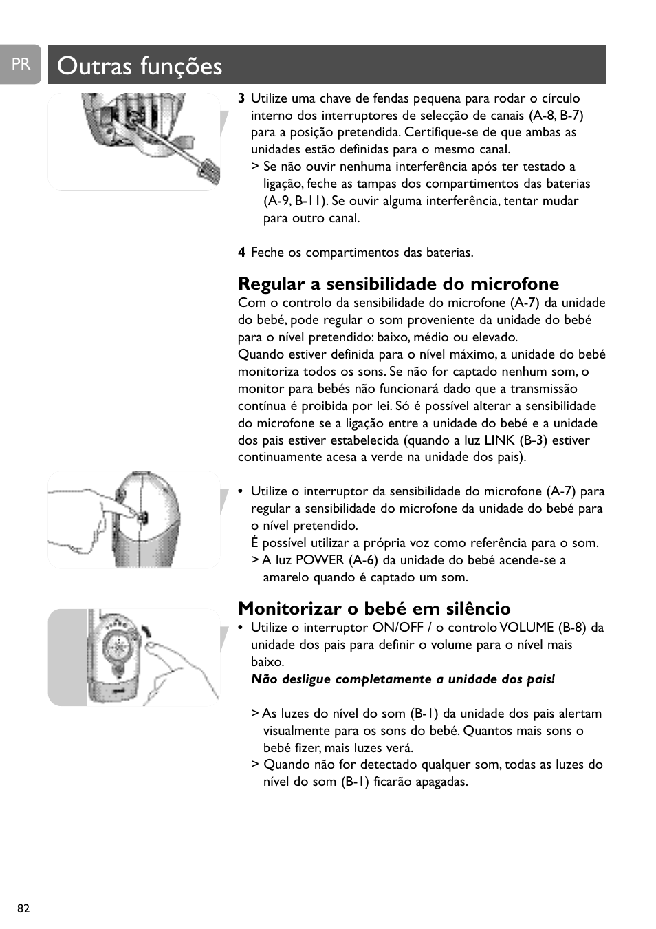 Outras funções, Regular a sensibilidade do microfone, Monitorizar o bebé em silêncio | Philips SC464 User Manual | Page 82 / 160
