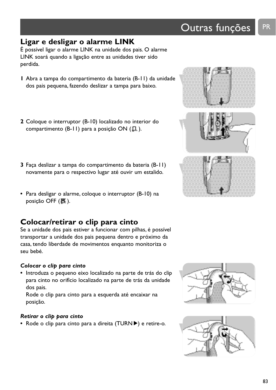Outras funções, Ligar e desligar o alarme link, Colocar/retirar o clip para cinto | Philips SC464 User Manual | Page 83 / 160
