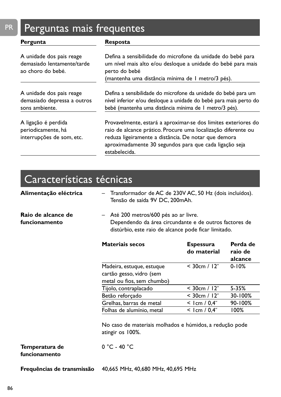 Características técnicas, Perguntas mais frequentes | Philips SC464 User Manual | Page 86 / 160