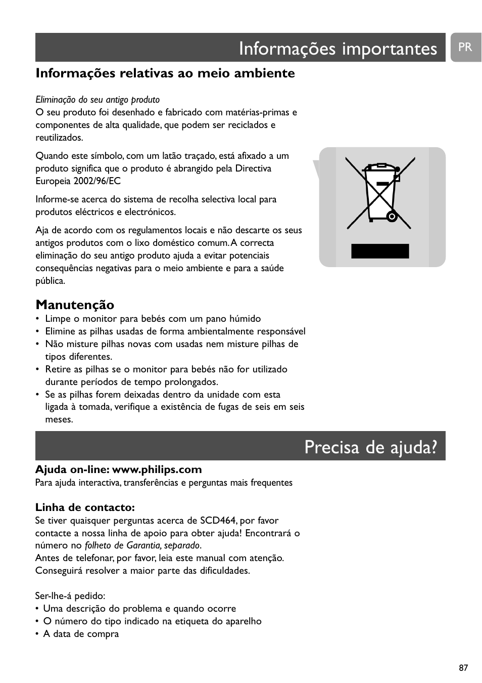 Informações importantes, Precisa de ajuda, Informações relativas ao meio ambiente | Manutenção | Philips SC464 User Manual | Page 87 / 160