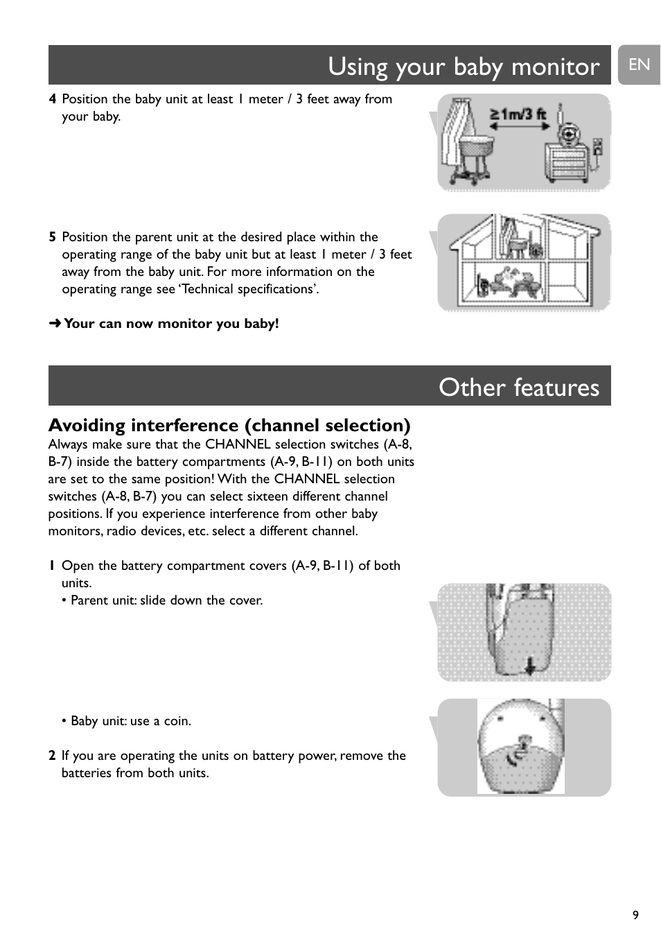 Using your baby monitor other features, Avoiding interference (channel selection) | Philips SC464 User Manual | Page 9 / 160