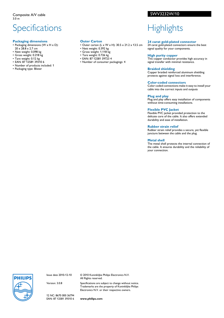 Specifications, Highlights | Philips 3.5 mm SWV3232W/10 User Manual | Page 2 / 2