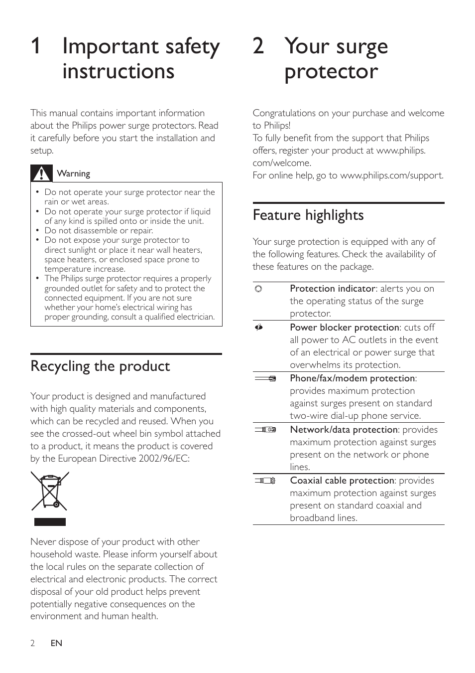 1 important safety instructions, Recycling the product, 2 your surge protector | Feature highlights | Philips SPP5126A User Manual | Page 3 / 8