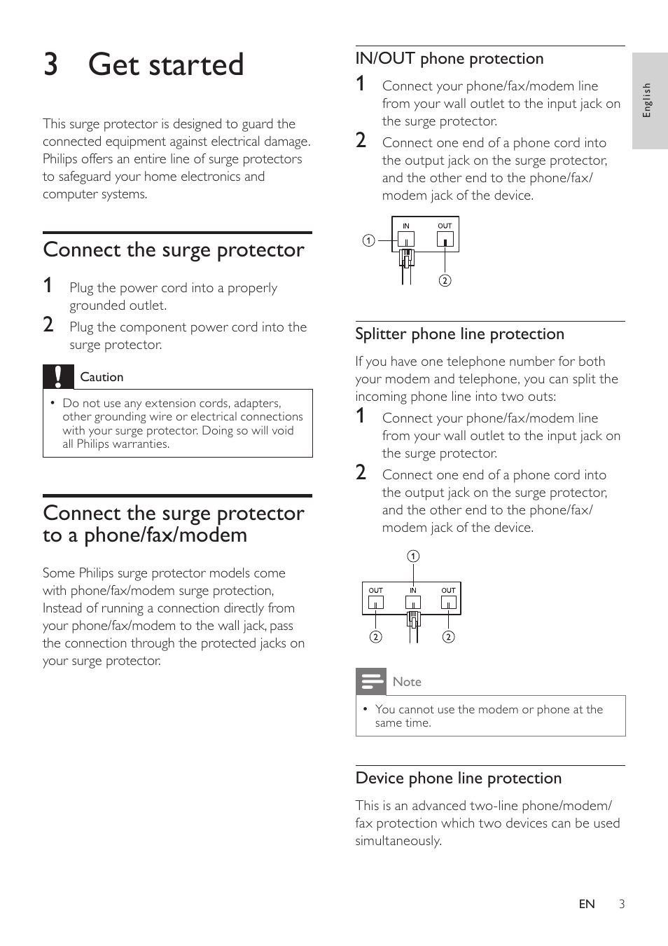 3 get started, Connect the surge protector, Connect the surge protector to a phone/fax/modem | Connect the surge protector to a, Phone/fax/modem, Connect the surge protector 1 | Philips SPP5126A User Manual | Page 4 / 8