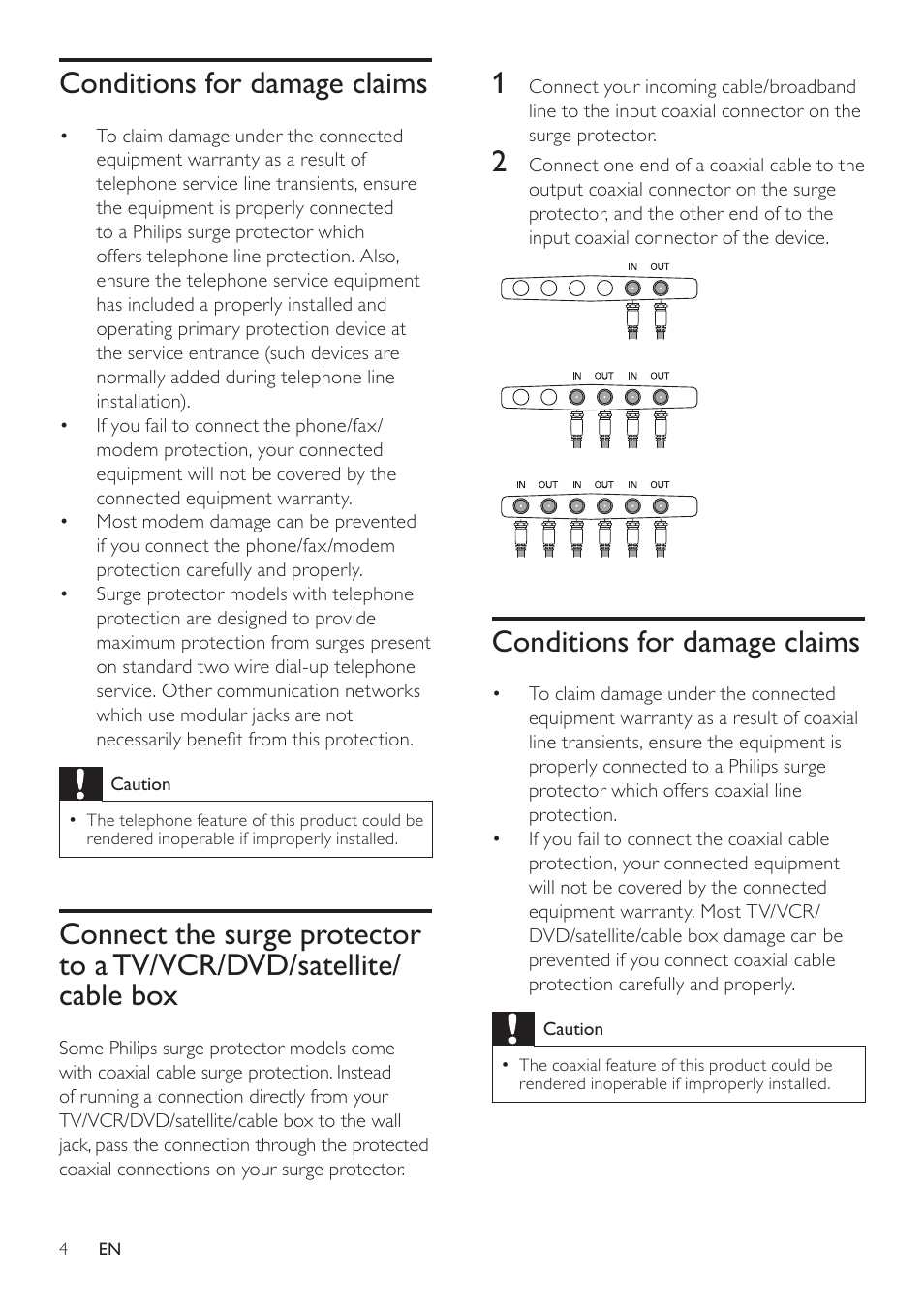 Conditions for damage claims, Connect the surge protector to a tv, Vcr/dvd/satellite/cable box | Philips SPP5126A User Manual | Page 5 / 8