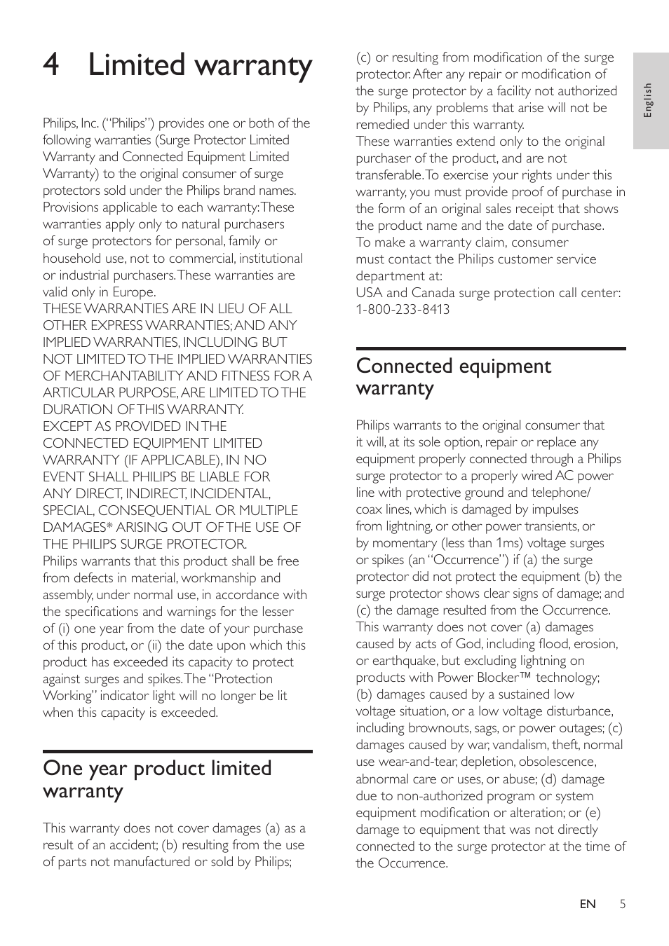 4 limited warranty, One year product limited warranty, Connected equipment warranty | Philips SPP5126A User Manual | Page 6 / 8